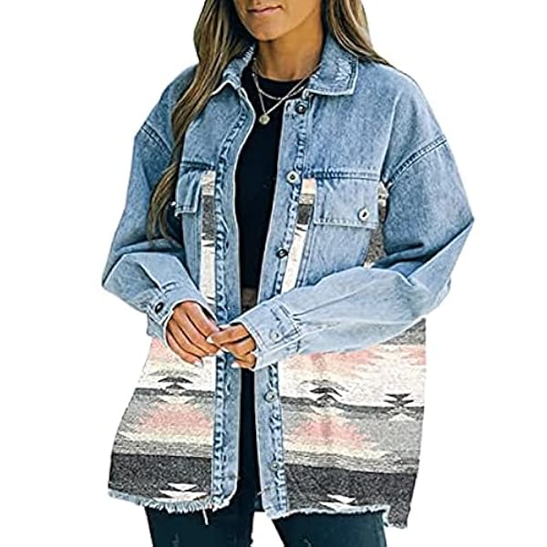 Awoyep Aztec Jas District Dames District Revers Long Sleeveved Button Down Jeans Jas Jas, Kleurafstemming Jassen, Overgang (Color : B, Size : L)